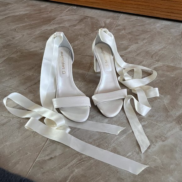 Ivory Block Heels With Satin Ribbon - Picture 3 of 7